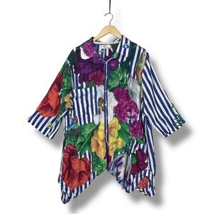 Antica Sartoria Floral Oversized Tunic Top Womens One Size Boho Striped Beachy